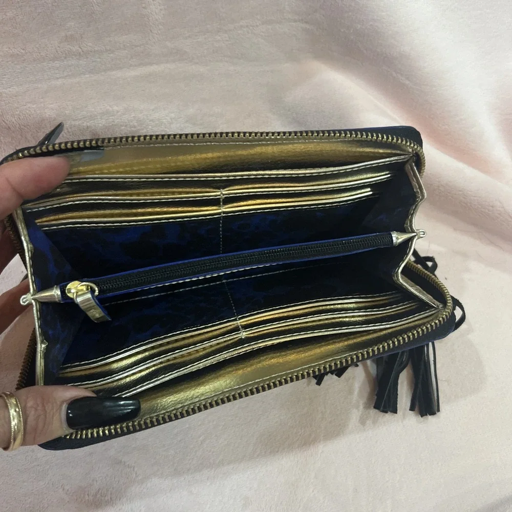 Stella &‎ Dot Black Leather Zip Around Organizational Clutch Wallet Tassel